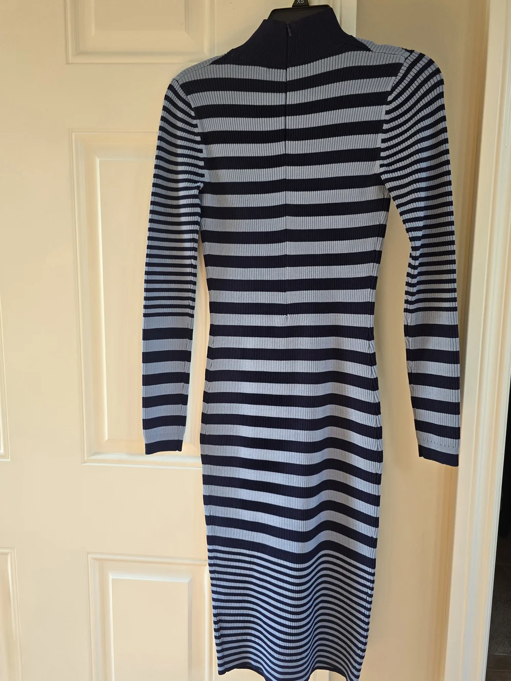 Michael Kors Navy and Light Blue Striped Mock Neck Long Sleeve Dress